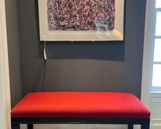SOLD; custom upholstered red herringbone bench with black column legs.                                                                                                     $2000; 37.25" x 29.5"; Michael Rubin signed acrylic (#1) matted and framed