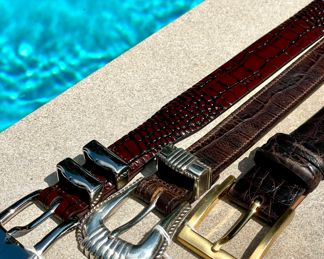 $50; size 38; Torino embossed Italian calf-skin brown belt with silver buckle (retails $90).                                                          $60 each (2 available); size 38; Monitaly leather belt with silver buckle (retails $120).                                      
SOLD; size 38; W. Kleinberg genuine crocodile leather belt (retails $495)                                                                                                                          