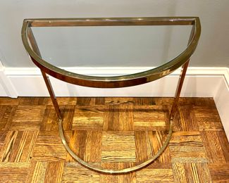 $200; 20" x 10" x21"; mid-century modern brass and glass demi-lune cocktail table