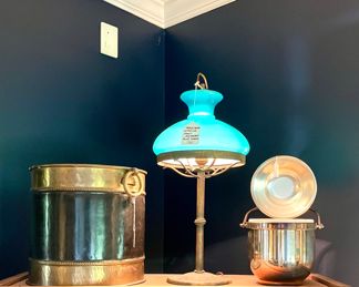 $150; Sarreit Ltd brass and black handled bucket.                         SOLD--lamp                                                                                                                            SOLD--silver ice bucket