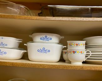 5 Varying Sizes of Corning Ware Casserole Dishes with Blue Cornflower Design, 3 Versatone Noritake Happy Talk Coffee Mugs