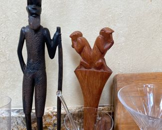 Carved Wood Three Wise Monkeys Sculpture, Wood Carved African Tribal Figurine