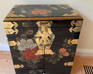 Japanese Black Lacquered Cabinet with Floral Design