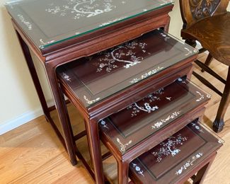 Set of 4 Asian Rosewood Pocket Tables with Mother of Pearl Design