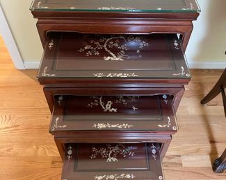 Set of 4 Asian Rosewood Pocket Tables with Mother of Pearl Design