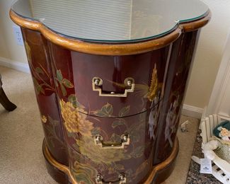 Burgundy and Gold Tone Side Table with 3 Drawers - Asian Floral Design