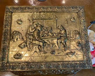 Brass Wrapped Storage Box with Bar Scene Design