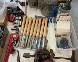 Wood Chisels, Pipe Wrench, Hand Drills, Bench Vise