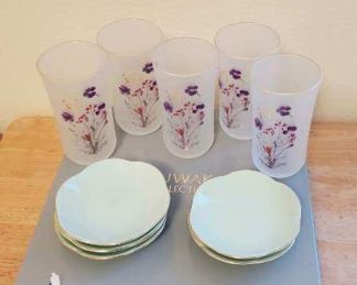 Set of 5 Frosted Glass Tumblers with Floral Design