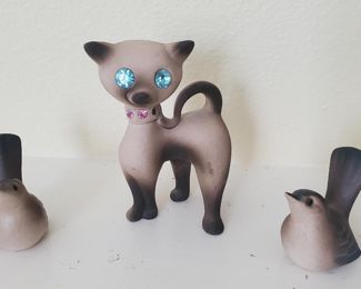 Porcelain Cat with Rhinestone Eyes, 2 Brown Bird Figurines