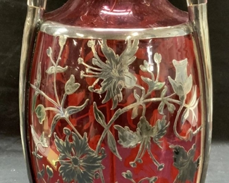 Sterling Silver Overlay Cranberry Glass Vase
