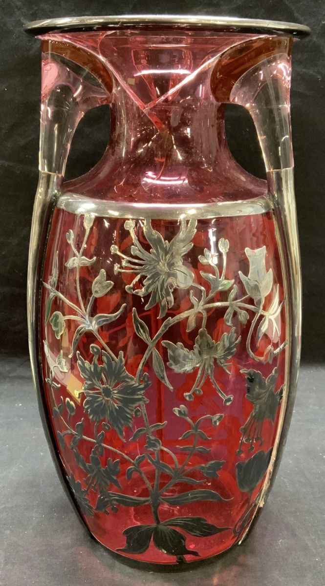 Sterling Silver Overlay Cranberry Glass Vase
