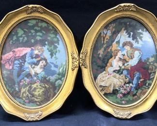 Pair Framed Needlepoint Couples Textile Art
