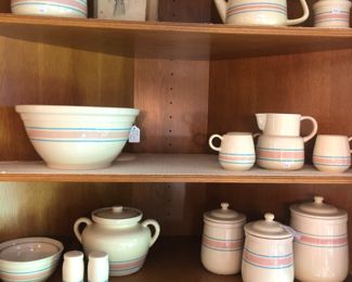 Collection of blue and pink band McCoy pottery