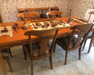 Custom reclaimed pine farm table and Ethan Allen “Country Crossings” dining chairs.  Sold separately.
