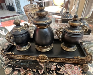 8. Set of 3 Lidded Urns on Tray (12" x 6" x 8")