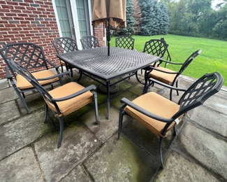 37. Basketweave Cast Aluminum Dining Table (60"sq) and Set of 8 Arm Chairs w/ Cushions and Umbrella 