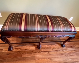 87. Carved Bench w/ Striped Upholstery and Claw Feet (44" x 19" x 22")