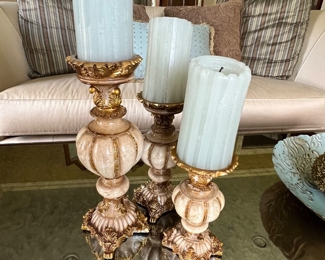 102. Set of 3 Cream & Gilt Candle Holders (13")