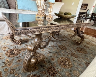 98. Coffee Table w/ Smoked Mirror Top and Scroll Wood Base (55" x 32" x 21")