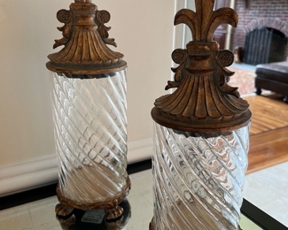 120. Pair of Lidded Glass Jars w/ Fleur de Lis Lid (17")