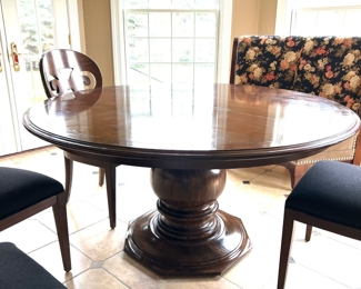 143. Round Pedestal Table (60" x 30") w/ 2-20" leaves 
144. Set of 4 Side Chairs w/ Cutout Wood Back & Linen Upholstered Seat (21" x 22" x 38")