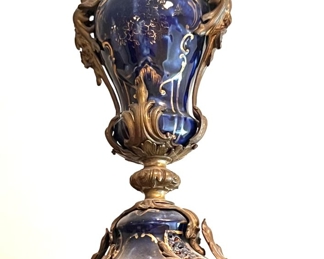 166. Antique 3pc Cobalt Porcelain & Metal Clock (24"h) and Urns (15"h)