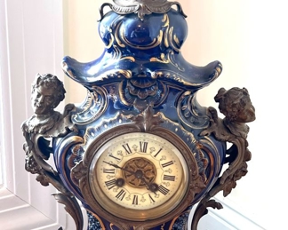 166. Antique 3pc Cobalt Porcelain & Metal Clock (24"h) and Urns (15"h)