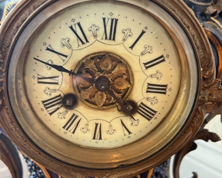 166. Antique 3pc Cobalt Porcelain & Metal Clock (24"h) and Urns (15"h)