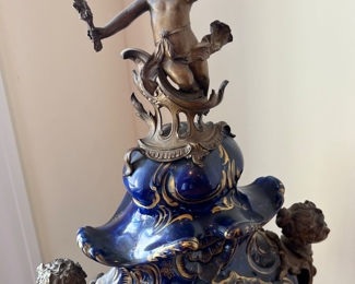 166. Antique 3pc Cobalt Porcelain & Metal Clock (24"h) and Urns (15"h)