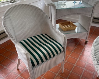 Lloyd Flanders white loom table and chairs set. Also a matching Lloyd Flanders white loom bar cart! Green and white stripes. Classic!
