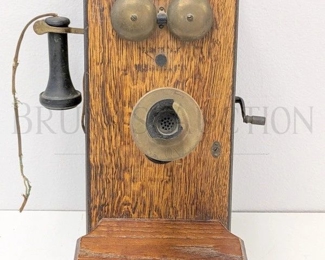OAK CASE ANTIQUE WALL MOUNT TELEPHONE W/ EAR & MOUTHPIECE