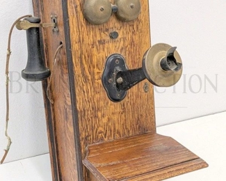 OAK CASE ANTIQUE WALL MOUNT TELEPHONE W/ EAR & MOUTHPIECE