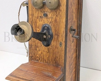 OAK CASE ANTIQUE WALL MOUNT TELEPHONE W/ EAR & MOUTHPIECE