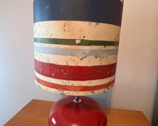 20. Red Ceramic Lamp w/ Stripe Shade (21"h)