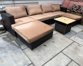 37. 7 Pc All Weather Wicker Sofa, Ottoman, Umbrella & Table w/ Sunbrella Cushions