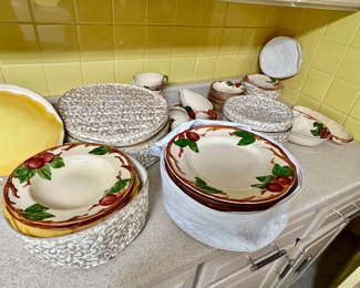 43. Franciscan Apple Pattern Dinnerware (55pc)
11 Dinner Plates
12 Salad Plates
10 Soup Bowls
10 Small Bowls
1 Vegetable Platter
1 Gravy Boat
9 Teacups & 12 Saucers
1 Crudite