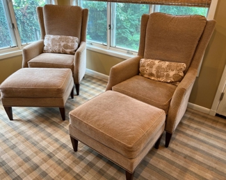 107. Pair of Hickory Chair Wingback Chairs (32" x 30" x 45") w/ Ottomans (26" x 22" x 18")