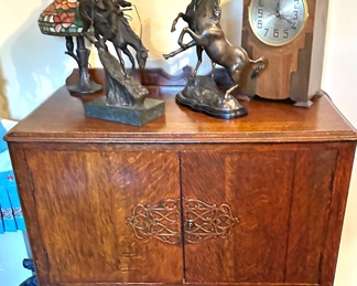 Record Cabinet, Bronze Sculpture, Tiffany Style Table Lamp , Art Deco Clock 
Remington 