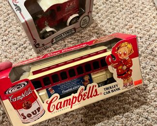 toy bus Campbells soup trolley car bank