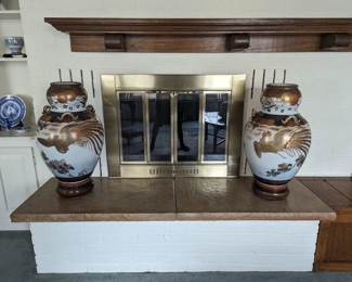 Vintage Chinese Large Floor Vases Three Handles Pheasants - Pair