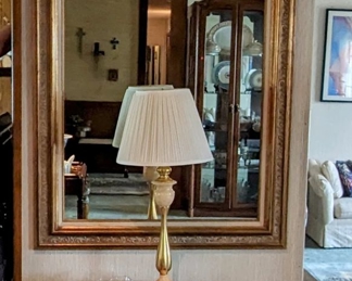 1950s Marble and Brass Lamp, Two Tier Oval Accent Table, Large Gild Mirror