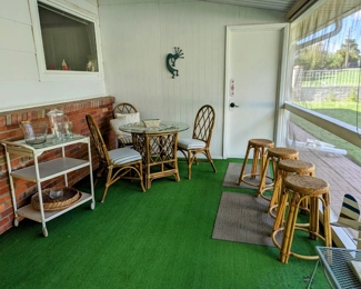 Sun Room Ratan Set, Bamboo Stools, Bar on Wheels