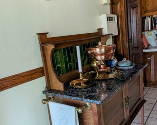 Antique English Washstand  Marble Top                                                                                       Vintage English Solid Copper Pans