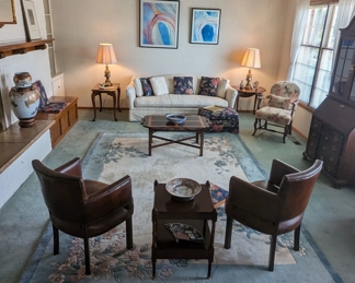 Vintage Chinese Art Deco Cream and Blue Border Hand Woven Area Rug with Floral Design  8 X 11 ft                                                    Stiffel Lamps                                                                                               