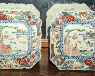 19th Cent Japanese Imari Porcelain Edo Meiji Square Charger Dish Plate - Pair