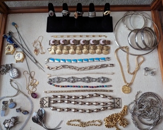 14K Gold Pendant and Necklace, 14K Gold Chinese Good Luck Bracelet, 10 K Tennis Bracelet, Sterling Silver Chains, Bracelets, Rings, Christian Dior Vintage Necklace, Designer Vintage Costume Bracelets, Hat Pins