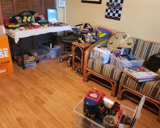 Rattan sofa and end table, ottoman