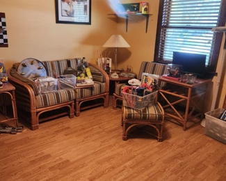 Room view - rattan sofa, tables, and ottoman - Boho or Regency decor
