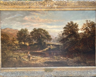 Benjamin William Leader Original Oil "Mountainous Landscape with Two Children by Stream" 23"x39"